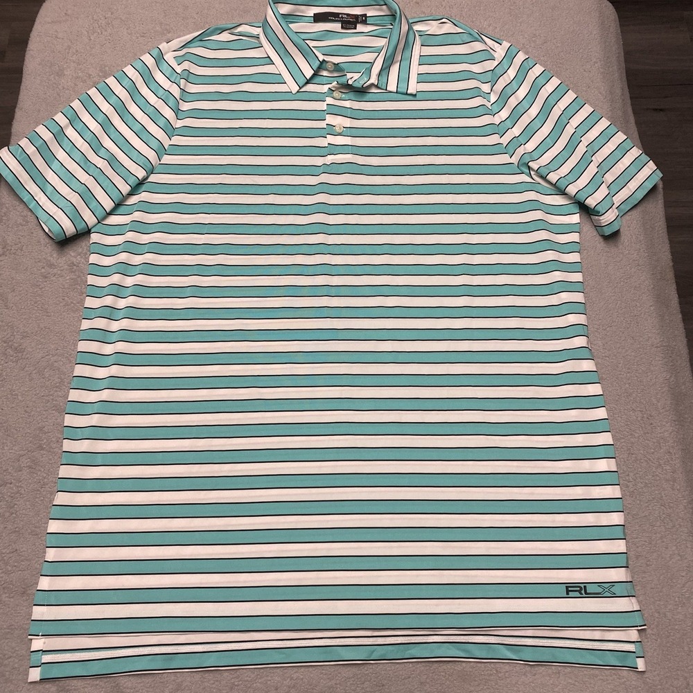RLX Ralph Lauren Gold Polo Shirt Mens XL Green White Striped Performance Stretch